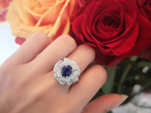 Sri Lankan Sapphire and Double Diamond Cluster Ring, 18ct White Gold