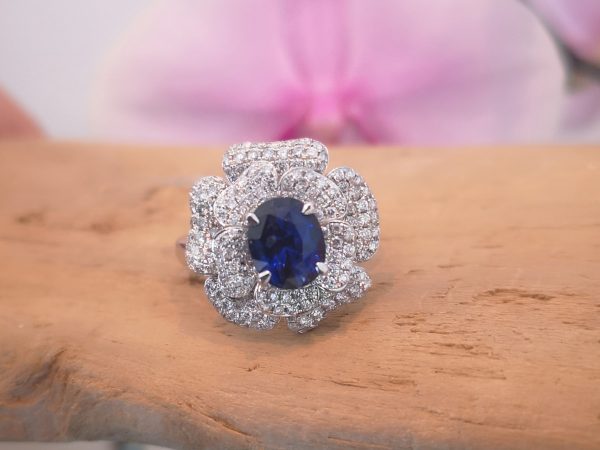 Sri Lankan Sapphire and Double Diamond Cluster Ring, 18ct White Gold