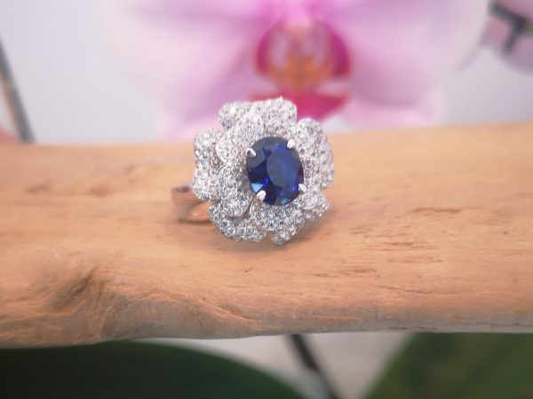 Sri Lankan Sapphire and Double Diamond Cluster Ring, 18ct White Gold