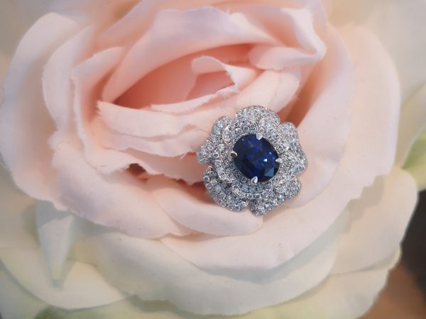 Sri Lankan Sapphire and Double Diamond Cluster Ring, 18ct White Gold