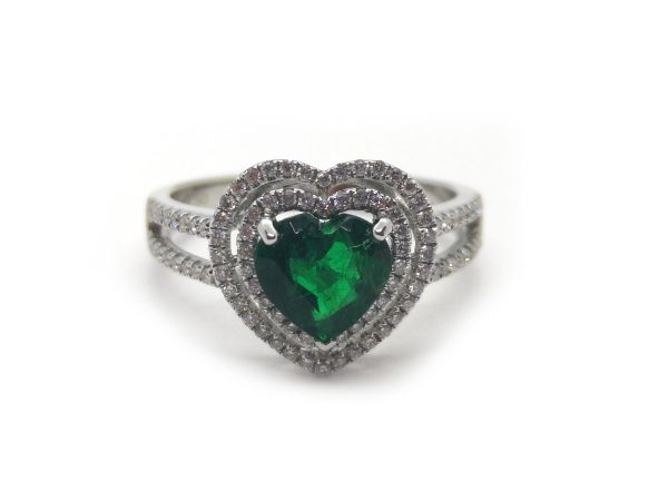 Heart Shaped Emerald and Diamond Engagement Ring in 18ct White Gold