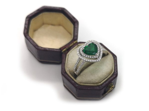 Heart Shaped Emerald and Diamond Engagement Ring in 18ct White Gold
