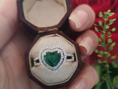 Heart Shaped Emerald and Diamond Engagement Ring in 18ct White Gold