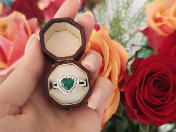 Heart Shaped Emerald and Diamond Engagement Ring in 18ct White Gold