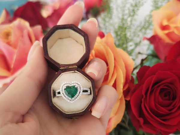 Heart Shaped Emerald and Diamond Engagement Ring in 18ct White Gold
