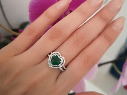 Heart Shaped Emerald and Diamond Engagement Ring in 18ct White Gold