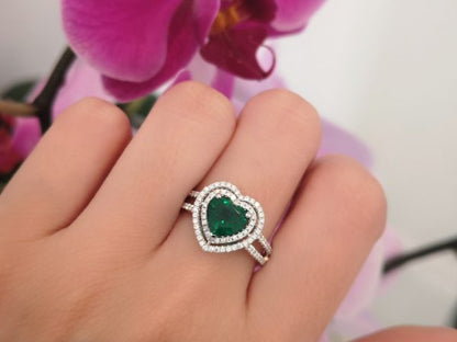 Heart Shaped Emerald and Diamond Engagement Ring in 18ct White Gold