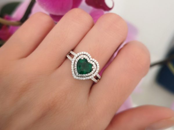 Heart Shaped Emerald and Diamond Engagement Ring in 18ct White Gold