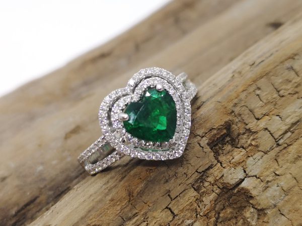 Heart Shaped Emerald and Diamond Engagement Ring in 18ct White Gold