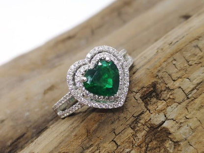 Heart Shaped Emerald and Diamond Engagement Ring in 18ct White Gold