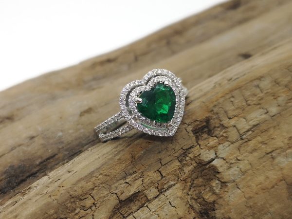 Heart Shaped Emerald and Diamond Engagement Ring in 18ct White Gold