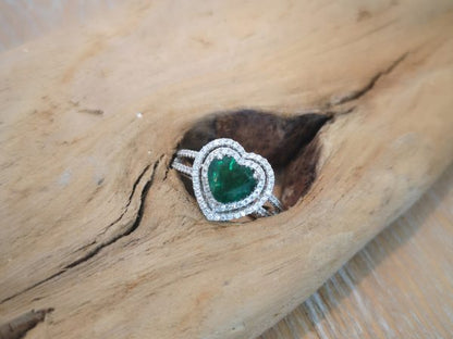 Heart Shaped Emerald and Diamond Engagement Ring in 18ct White Gold