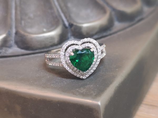 Heart Shaped Emerald and Diamond Engagement Ring in 18ct White Gold