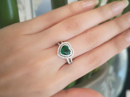 Heart Shaped Emerald and Diamond Engagement Ring in 18ct White Gold