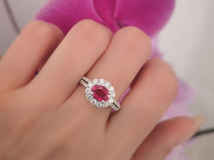 Oval Shape Ruby and Diamond Engagement Cluster Ring, 1.18 carats halo 18ct