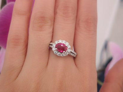 Oval Shape Ruby and Diamond Engagement Cluster Ring, 1.18 carats halo 18ct