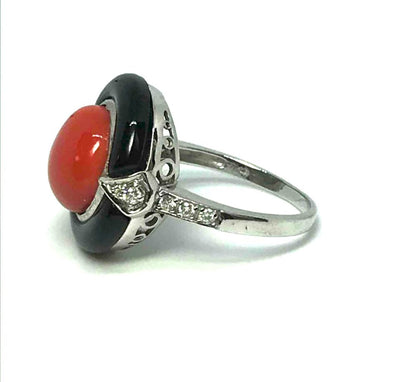 1930's coral diamond onyx ring