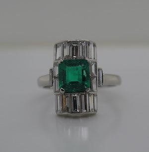 Art Deco Emerald and Baguette Cut Diamond Cocktail Ring