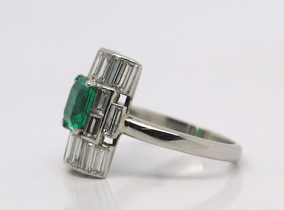 Art Deco Emerald and Baguette Cut Diamond Cocktail Ring
