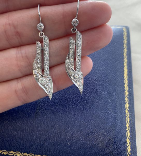 Art Deco Diamond Drop Earrings, Platinum