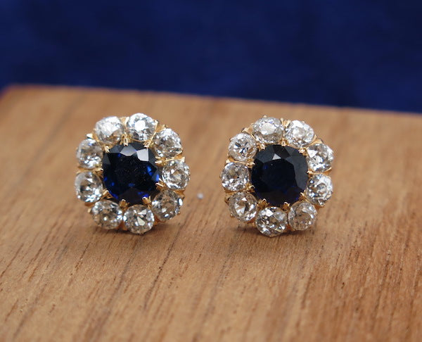 Antique Sapphire and Diamond Cluster Stud Earrings