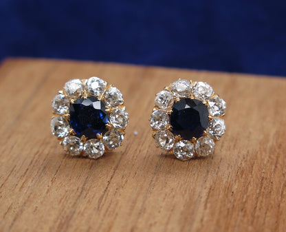 Antique Sapphire and Diamond Cluster Stud Earrings