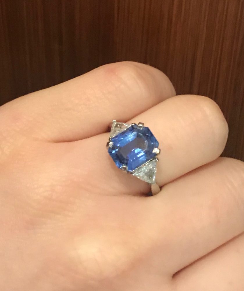 Sapphire and diamond ring trillion cut diamonds 5 carats sapphire ring