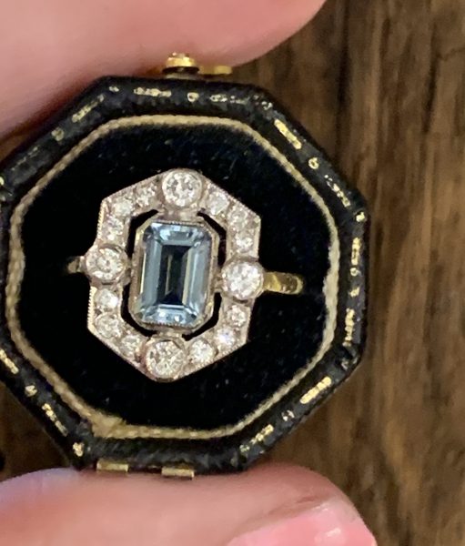 Antique Art Deco Aquamarine and Diamond Ring