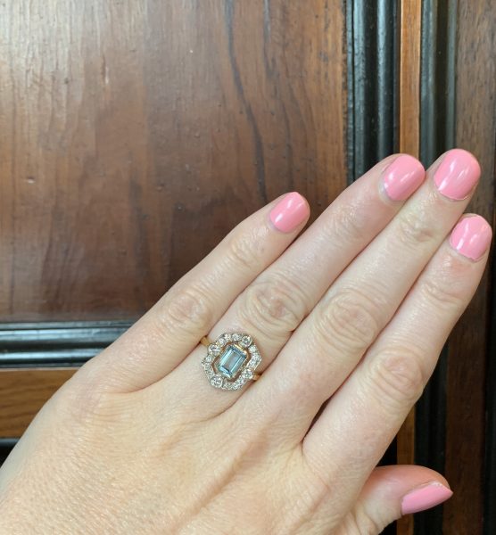 Vintage Art Deco aquamarine and diamond ring cluster