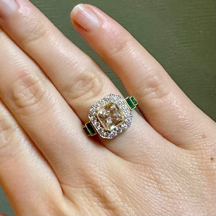 Golden Sapphire, Emerald & Diamond Cluster Ring