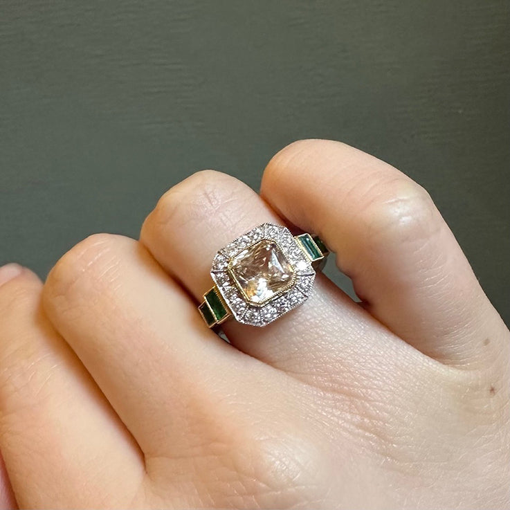 Golden Sapphire, Emerald & Diamond Cluster Ring