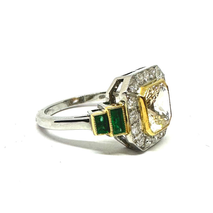 Golden Sapphire, Emerald & Diamond Cluster Ring