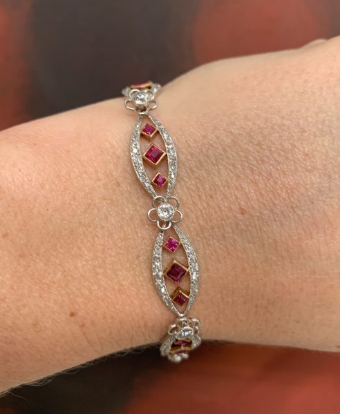 Edwardian diamond ruby line bracelet open square ruby rubies burma