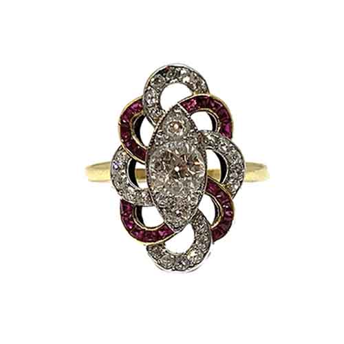 Art Deco 1920 1930 ruby diamond dress ring plaque open