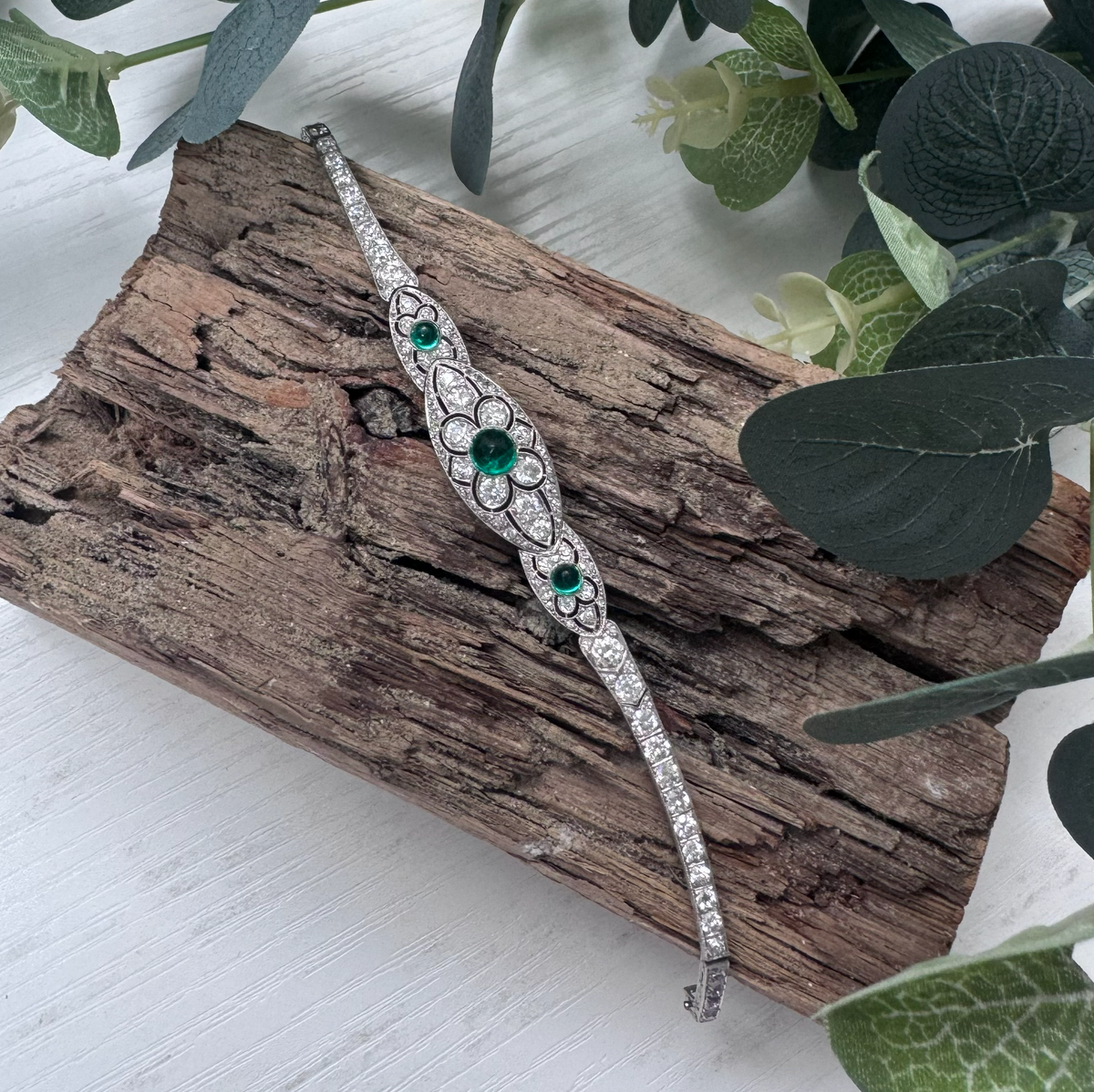 Fine Art Deco Cabochon Emerald and Diamond Bracelet