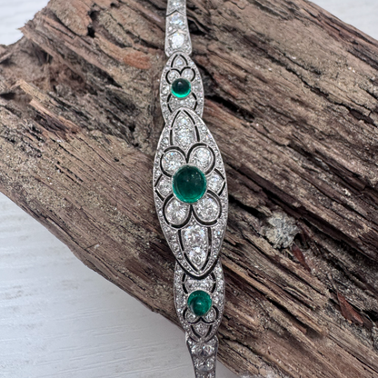 Fine Art Deco Cabochon Emerald and Diamond Bracelet