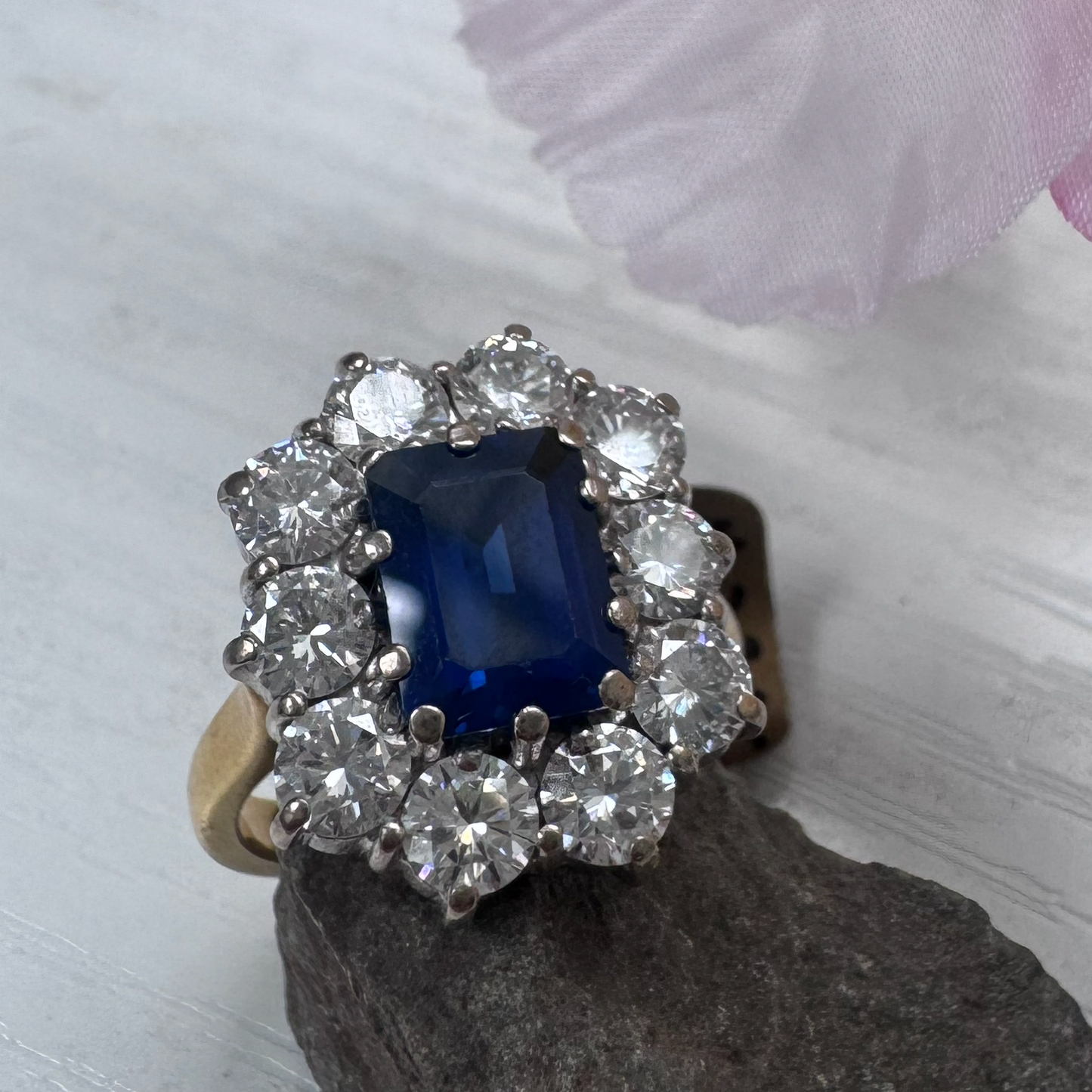Vintage 2.11ct Natural No Heat Sapphire and 2ct Diamond Cluster Engagement Ring