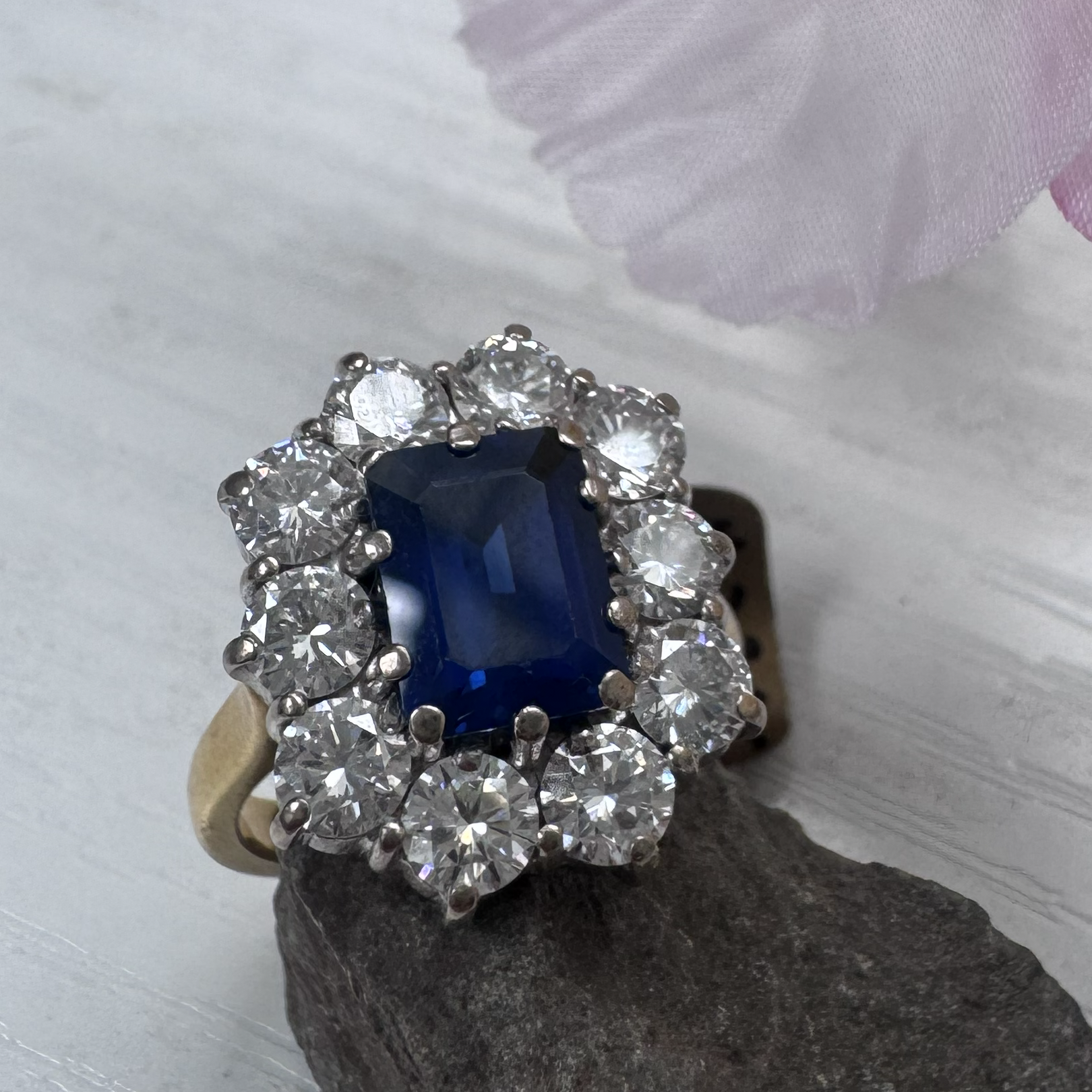 Vintage 2.11ct Natural No Heat Sapphire and 2ct Diamond Cluster Engagement Ring