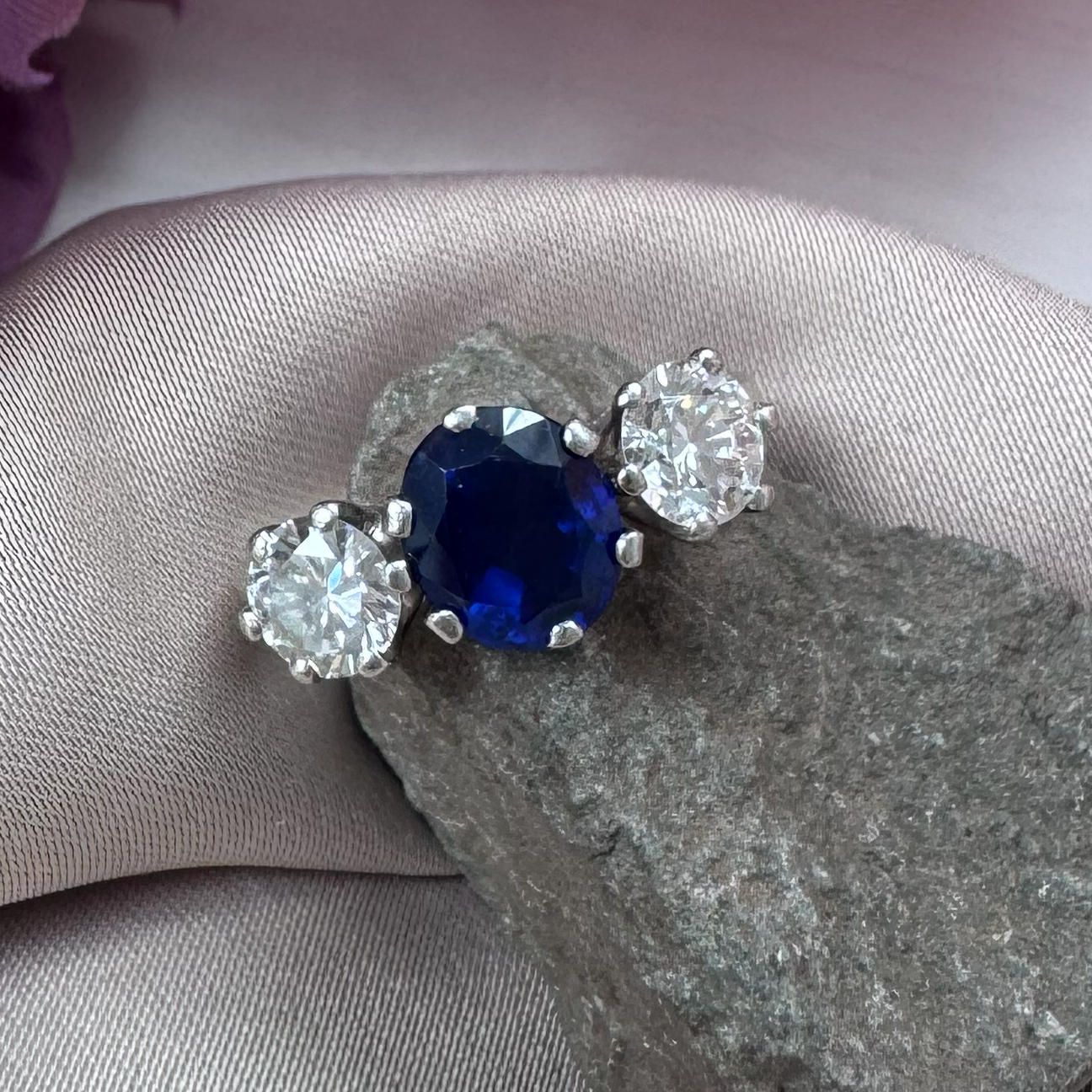Vintage 1.72ct Oval Sapphire and Diamond Three Stone Engagement Ring
