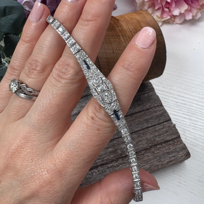 Antique Vintage Art Deco Diamond and Sapphire Line Bracelet Circa 1920s