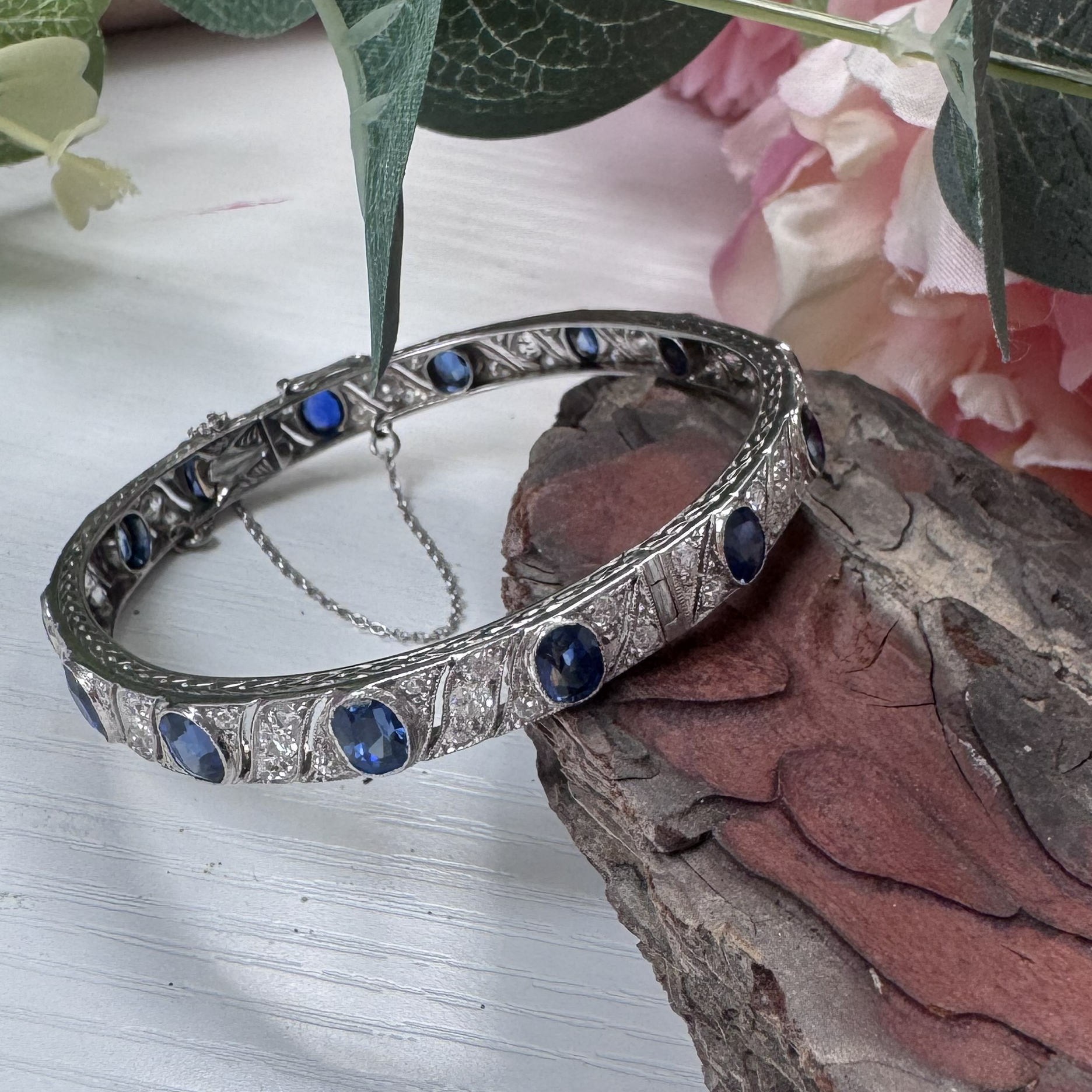 Antique Vintage Art Deco Cushion Sapphire and Diamond Hinged Bangle Bracelet in Platinum