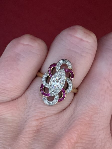 Original Art Deco Ruby and Diamond Dress Ring, Circa 1930's