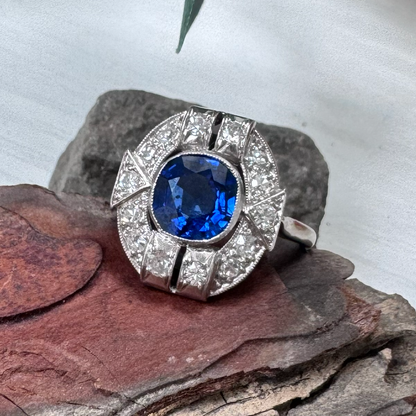 Antique Vintage Art Deco French 1.87ct Sapphire and Diamond Cluster Plaque Ring in Platinum