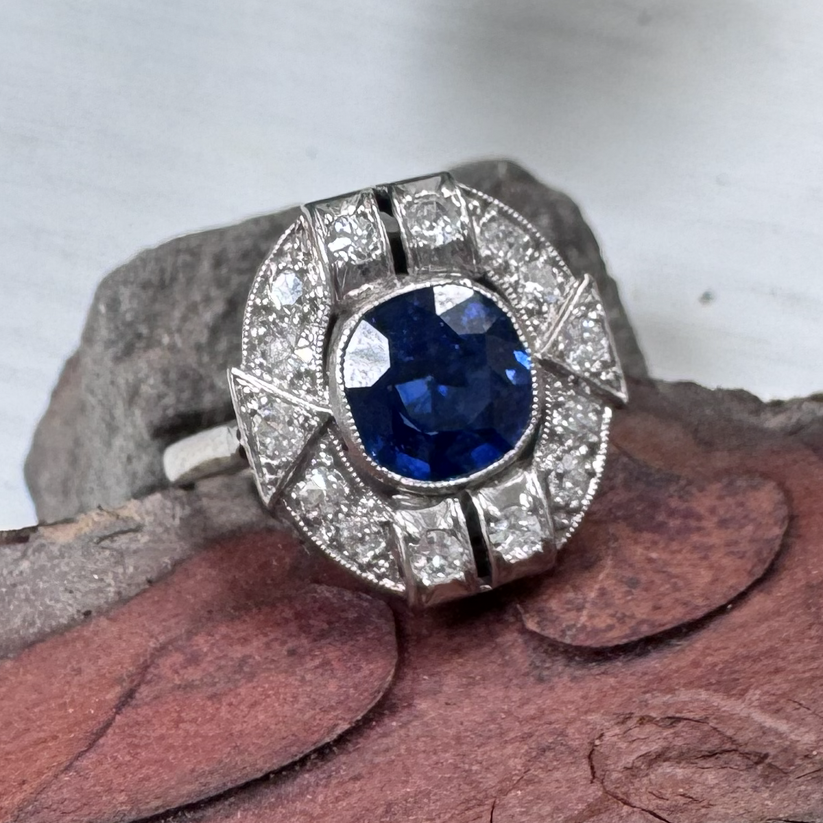 Art Deco French 1.87ct Sapphire and Diamond Cluster Plaque Ring in Platinum