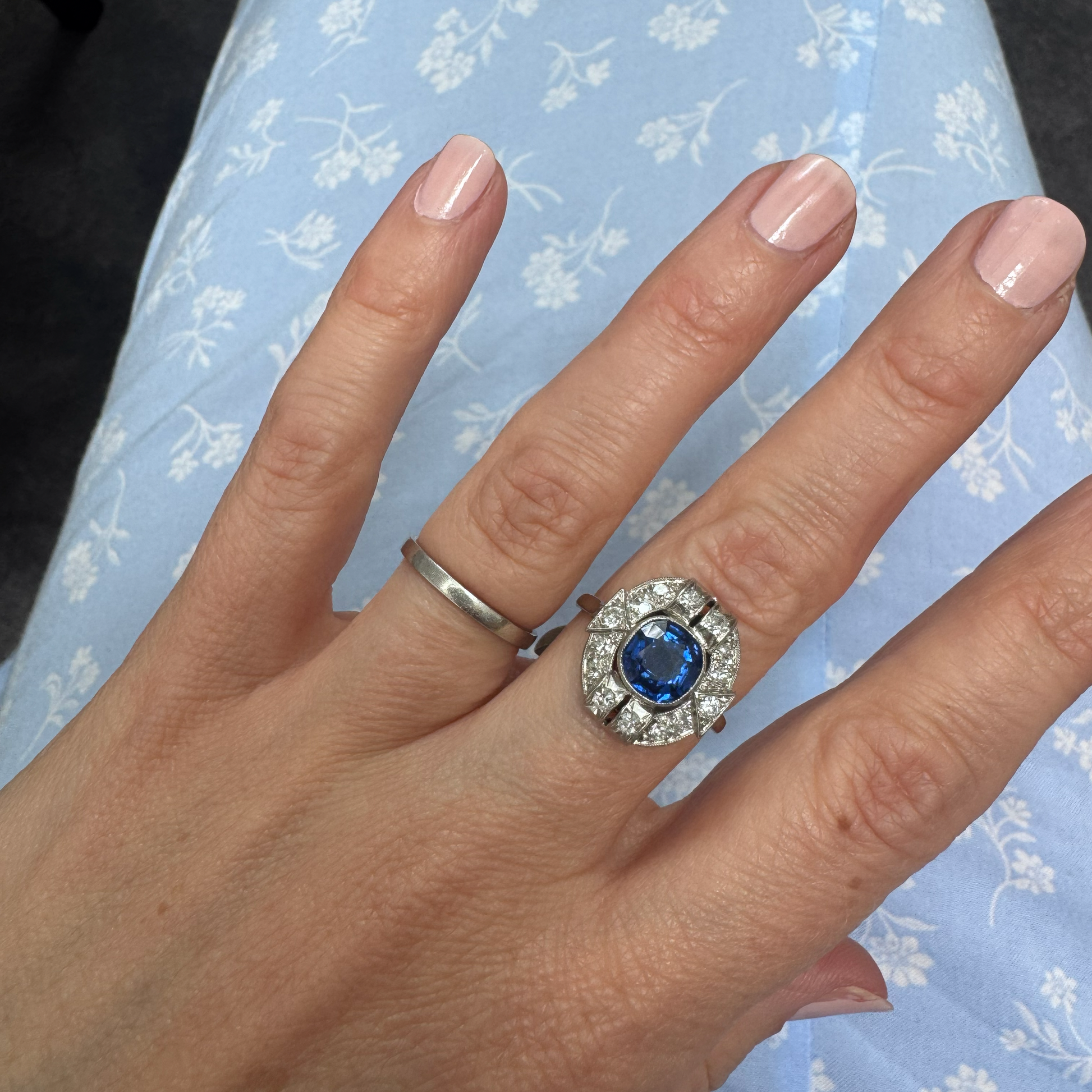 Art Deco French 1.87ct Sapphire and Diamond Cluster Plaque Ring in Platinum