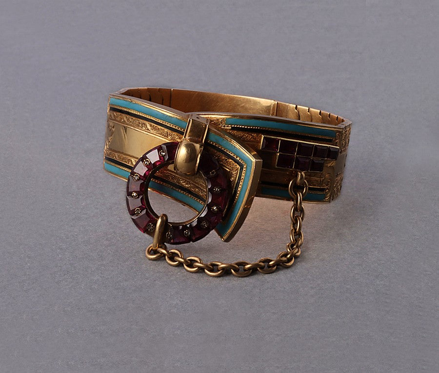 Victorian 18ct Garnet & Enamel Buckle Bracelet