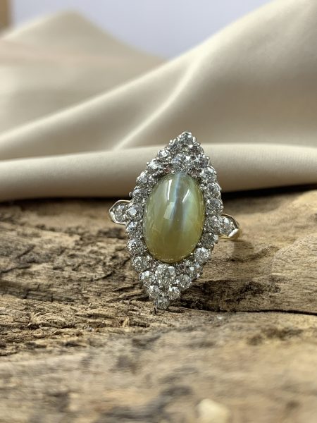 Antique Cats Eye Chrsyoberyl and Diamond Cluster Ring, Victorian