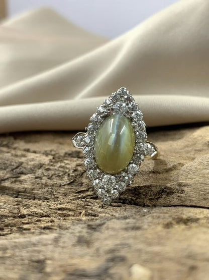Antique Cats Eye Chrsyoberyl and Diamond Cluster Ring, Victorian