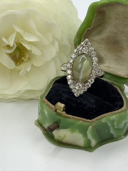 Antique Cats Eye Chrsyoberyl and diamond Cluster ring, Circa 1900, Victorian