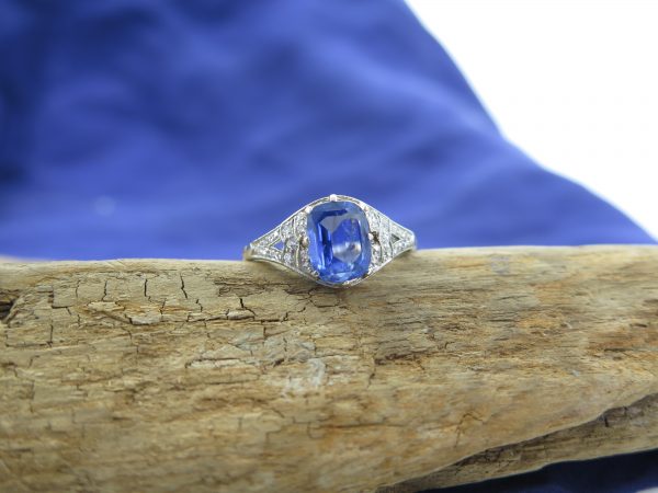 Vintage Sapphire Engagement Ring, Diamond Shoulders, Sri Lanka